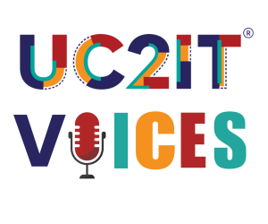 Colorful UC2IT Voices logo with a microphone graphic.